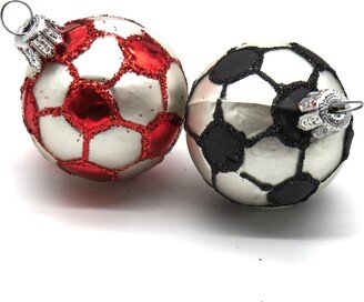 Christmas Small Ornaments Glass Red & Black Soccer Ball Hand Made Painted