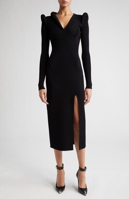 Padded Shoulder Rib Long Sleeve Midi Dress