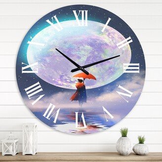 Designart 'Woman With Umbrella Standing On Water Against Moon' Traditional wall clock