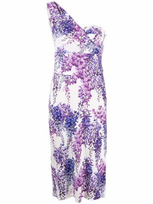 Wisteria-print one-shoulder midi dress