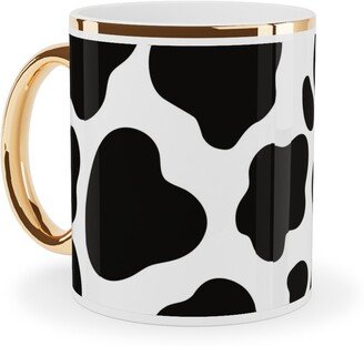 Mugs: Cow Spots Pattern - Black On White Ceramic Mug, Gold Handle, 11Oz, Black