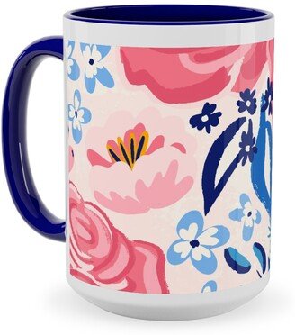 Mugs: Chintz Roses - Coral And Blue Ceramic Mug, Blue, 15Oz, Pink