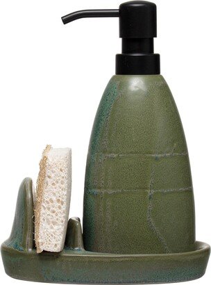 Storied Home Stoneware Soap Dispenser with Loofah and Holder - 6.0L x 4.5W x 7.9H