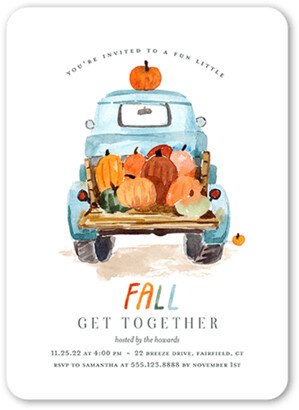 Thanksgiving Invitations: Pumpkin Truck Fall Invitation, White, 5X7, Standard Smooth Cardstock, Rounded