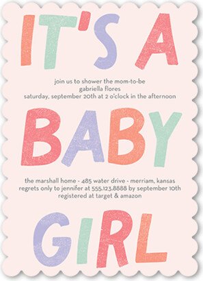 Baby Shower Invitations: Fanciful Color Baby Shower Invitation, Pink, 5X7, Pearl Shimmer Cardstock, Scallop