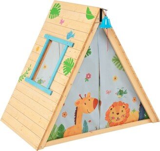 2-in-1 Wooden Kids Triangle Playhouse with Climbing Wall and Front Bell - 45.3 x 30.3 x 39.4 inch