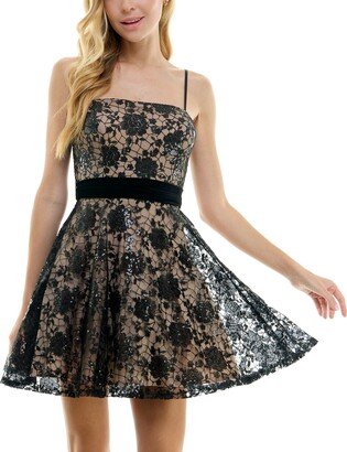 Juniors' Sequined Embroidered Bow-Back Dress - Black/Rose