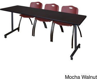 Regency Seating Kobe Black Metal and Wood 84-inch x 24-inch Mobile Training Table with 3 Burgundy M-style Stacking Chairs