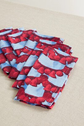 Set Of Six Printed Linen Napkins - Red