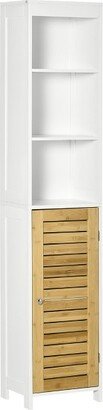 kleankin Tall Bathroom Storage Cabinet, Free Standing Bathroom Cabinet Slim Side Organizer with 3 Shelves and Bamboo Cabinet, White/Natural
