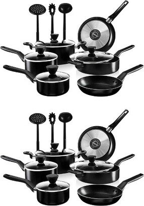 NCCWA13 Aluminum Nonstick Home Cooking Kitchen Cookware Pots and Pan Set with Lids and Utensils, 26 Piece Set, Black