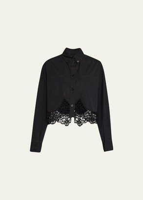 Cropped Button-Front Blouse with Lace Trim