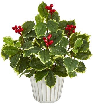 Variegated Holly Leaf Artificial Plant in Planter with Trimming, Real Touch