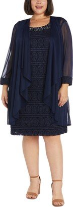 Plus Size Cascade-Collar Jacket and Beaded-Neck Dress