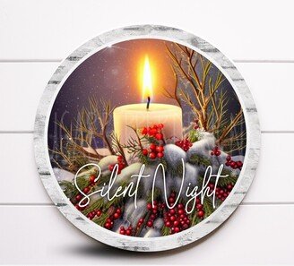 Wreath Sign, Round Silent Night Candle With Red Berries Christmas Metal Sugar Pepper Designs, Sign For
