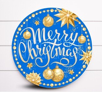 Wreath Sign, Round Blue & Gold Merry Christmas Metal Sugar Pepper Designs, Sign For Wreath