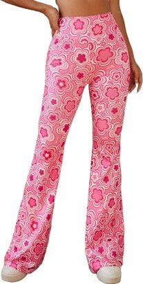 EVELUST 70s Flare Pants for Women - Rave Festival Outfit High Waist Bell Bottom Boho Cute Groovy Disco Trousers(Pink