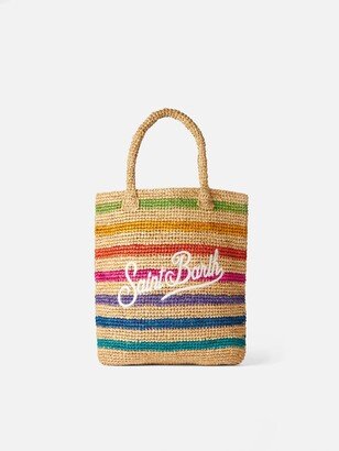 Raffia Bucket Bag With Multicolor Stripes And Embroidery