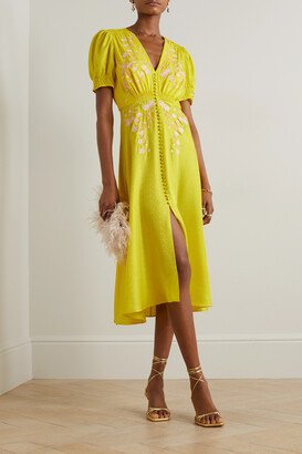 Lea Embroidered Silk-jacquard Midi Dress - Yellow