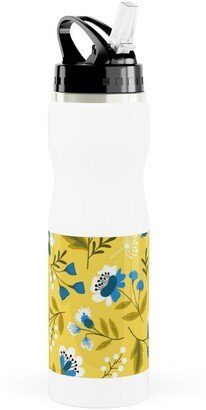 Photo Water Bottles: Colorful Spring Flowers - Blue On Yellow Stainless Steel Water Bottle With Straw, 25Oz, With Straw, Yellow