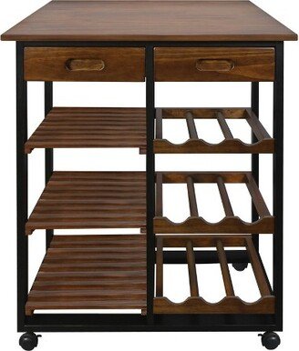 28 Solid Wood Rolling Kitchen Cart with Wine Rack and Drawer Dark Brown - Flora Home