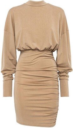 Ruched-Detailed High-Neck Mini Dress