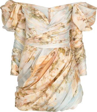 Neutral Luminosity Floral Print Draped Mini Dress