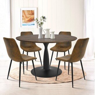 Harold+Bingo Modern 5 Piece Black Round Dining Table Set with Tan Faux Leather Dining Chairs Set of 4 with Black Finish Legs-Maison Boucle