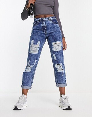 turn up hem distressed mom jeans in dark blue acid wash