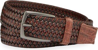 Men's Woven Leather Stretch Belt with Crocodile Trim