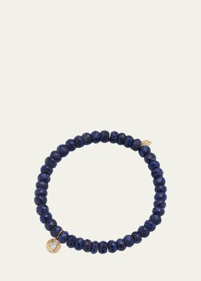 14K Gold Fluted Diamond Charm on Blue Sapphire Rondelle Bead Bracelet