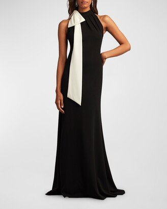 Sleeveless Mock-Neck Bow Crepe Gown