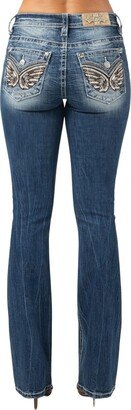 Women's Mid Rise Gold Trim Angel Wing Bootcut Jeans with Faux Flap Pockets (Medium Blue