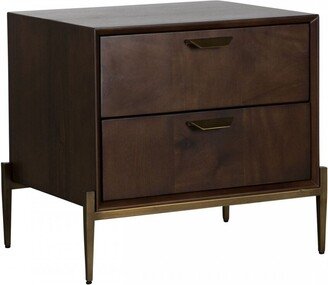 2 Drawers Wooden Nightstand with Antique Brass Sleek Tapered Legs, Brown