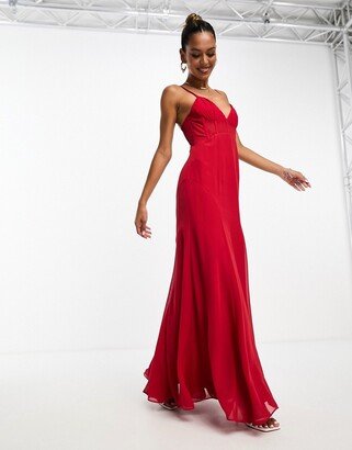 ruched bust chiffon paneled corset maxi dress in red