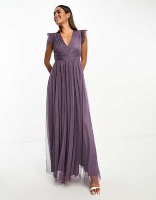 Bridesmaid plunge tulle maxi dress with thigh split in purple