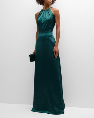 Pleated Jewel-Embellished Halter Gown-AA