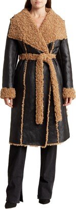 Belted Faux Shearling Lined Faux Leather Coat