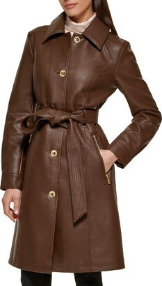 Faux Leather Belted Trench Coat-AB