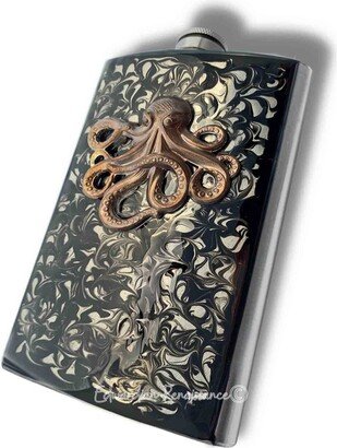 Kraken Flask Inlaid in Hand Painted Enamel Black Ink Swirl Design Neo Victorian Oxidized Octopus Personalized & Custom Color Options