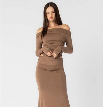 Summer Wren Brown Knit Modal Off Shoulder Top And Skirt Set-AA