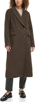 Long Length Wool Blend Hooded Coat (Black/Seal Brown/Dune Houndstooth) Women's Clothing