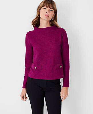 Tweed Button Pocket Mock Neck Top