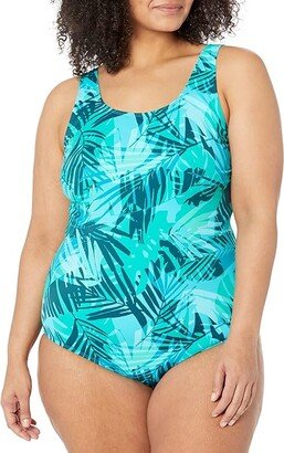 Plus Size Beansport Scoop Neck Tanksuit Print (Classic Teal Blue Palm) Women's Swimsuits One Piece