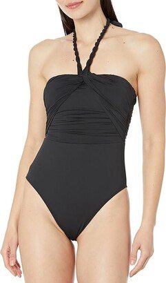 Beach Club Solid Twist Bandeau One-Piece (Black) Women's Swimsuits One Piece