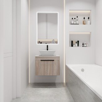 Aoolive 24 Modern Design Float Bathroom Vanity With Ceramic Basin Set and Soft Close Door, Wall Mounted White Oak Vanity