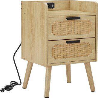 RASOO Handmade Rattan Nightstand with Outlets, USB Port, Octagonal Drawer, and Solid Wood Legs