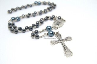 steel Blue & Gray Czech Glass Rosary For Men Boys | Personalized Gifts Boy's Baptism Or First Communion