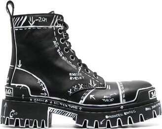 Graphic-Print Leather Combat Boots