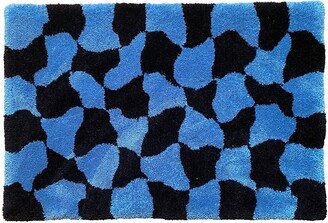 Wavy Blue & Black Checkered Rug - Hand Tufted Primary Backing Fabric Handmade Tufting Small Large Checker Pattern